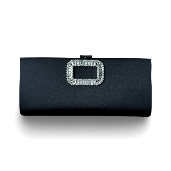 Black Satin Crystal Clutch with Metal Strap - Picture 1 of 9